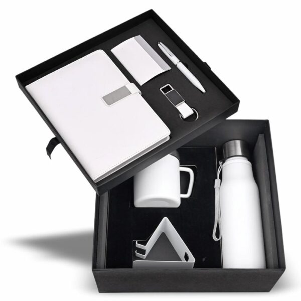 7 in 1 White Combo Set Diary, Pen, Keychain, Cardholder; Bottle, Mug, Mobile Stand